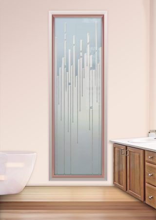 Window showcasing a Frosted Glass Geometric Design with Sandblast Etched Glass Art by Sans Soucie Trickle Design