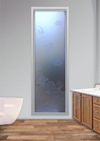 Window showcasing a Frosted Glass Oceanic Design with Sandblast Etched Glass Art by Sans Soucie Tropical Fish Design
