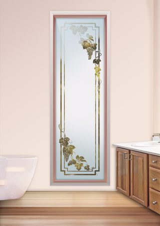Window featuring Frosted Glass Design Etched Glass by Sans Soucie Art Glass with Custom Grapes & Ivy Design Vineyard Grapes Cascade