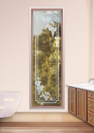 Window featuring a Frosted Glass Grapes & Ivy Design Sandblast Etched Glass Vineyard Grapes Cascade Arched stepped corners Design by Sans Soucie