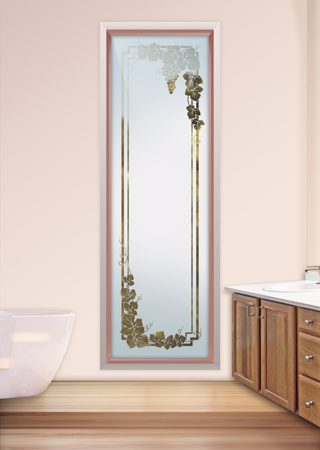 Window featuring a Frosted Glass Grapes & Ivy Design Sandblast Etched Glass Vineyard Grapes Garland Design by Sans Soucie
