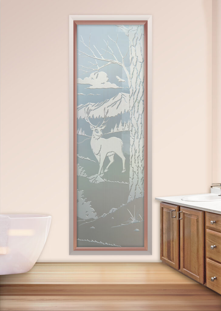 Carved glass wildlife scene window with deer in mountain landscape, etched glass design for privacy with detailed forest and nature elements