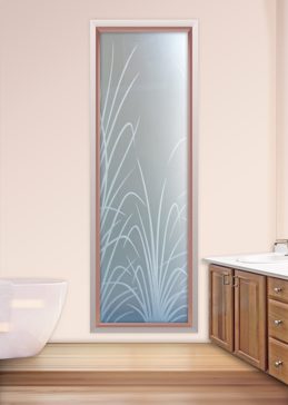 Window with Frosted Glass Foliage Wispy Reeds Design by Sans Soucie