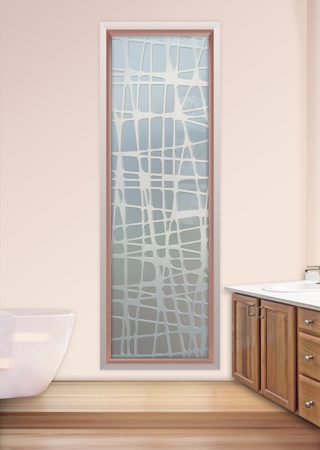 Window featuring Frosted Glass Design Etched Glass by Sans Soucie Art Glass with Custom Geometric Design Woven