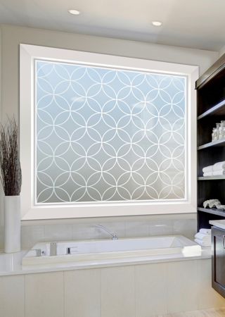 Window featuring a Frosted Glass Geometric Design Sandblast Etched Glass Circles Intersecting Small Scale Design by Sans Soucie