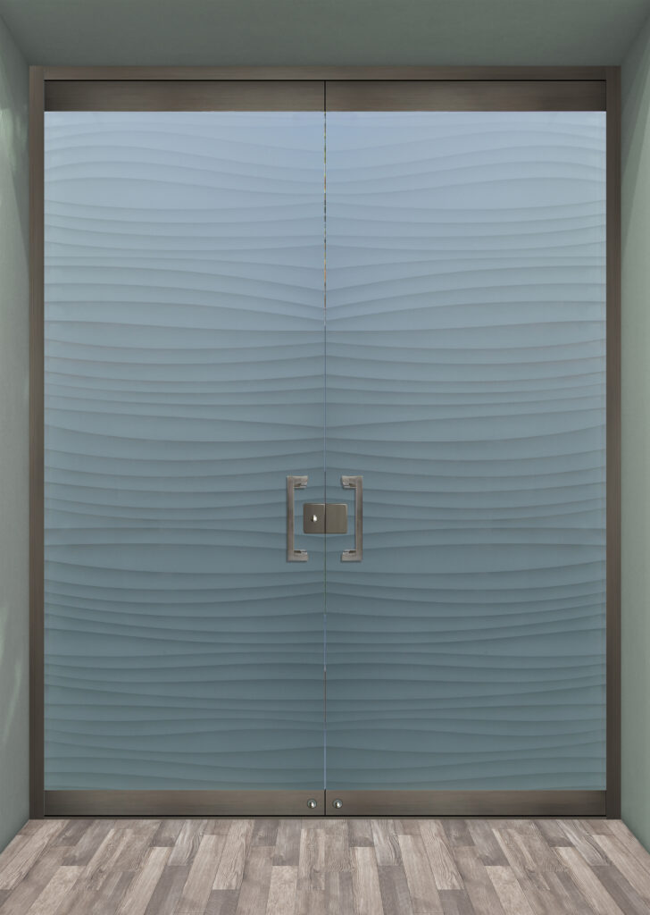 Frameless glass doors with carved glass patter