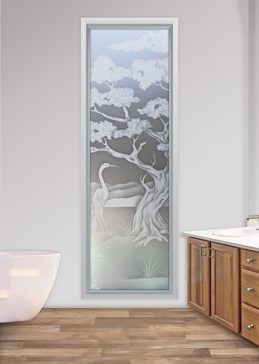 Private Window with Sandblast Etched Glass Art by Sans Soucie Featuring Bonsai Egret Asian Design