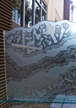 Handmade Sandblasted Frosted Glass Fireplace Screen for Semi-Private Featuring a Abstract Design Glacier III by Sans Soucie