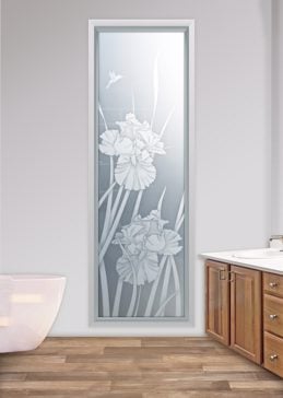 Handmade Sandblasted Frosted Glass Window for Private Featuring a Floral Design Iris Hummingbird II by Sans Soucie