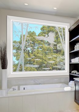 Handcrafted Etched Glass Window by Sans Soucie Art Glass with Custom Asian Design Called Bamboo Egret Creating Not Private