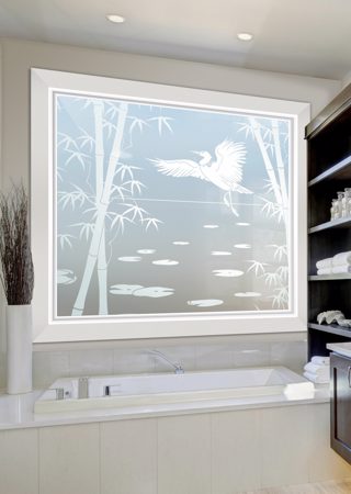 Window featuring Frosted Glass Design Etched Glass by Sans Soucie Art Glass with Custom Asian Design Bamboo Egret