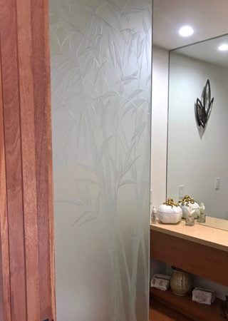Shower Partition showcasing a Frosted Glass Asian Design with Sandblast Etched Glass Art by Sans Soucie Bamboo Shoots III Design