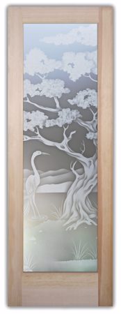 Front Door showcasing a Frosted Glass Asian Design with Sandblast Etched Glass Art by Sans Soucie Bonsai Egret Design