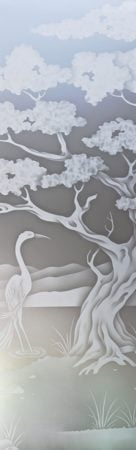 Door Glass Insert showcasing a Frosted Glass Asian Design with Sandblast Etched Glass Art by Sans Soucie Bonsai Egret Design