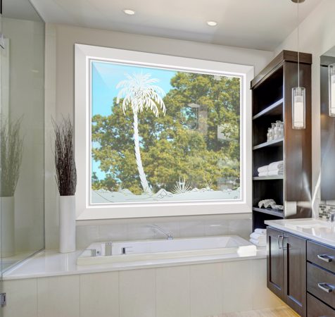 Window with a sandblast Frosted Glass Palm Trees Design Custom-Designed Decorative Etched Glass