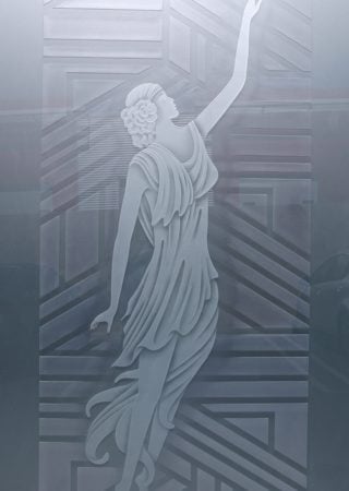 Partition featuring Frosted Glass Design Etched Glass by Sans Soucie Art Glass with Custom Art Deco Design Everly 