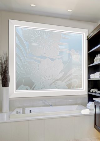 Window with Frosted Glass Tropical Hibiscus Anthurium Grand Design by Sans Soucie