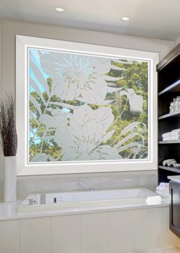 Window with Frosted Glass Tropical Hibiscus Anthurium Grand Design by Sans Soucie