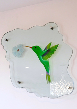 Art Glass Glass Wall Art Featuring Sandblast Frosted Glass by Sans Soucie for Not Private with Wildlife Hummingbird Magnolia Design