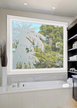 Handcrafted Etched Glass Window by Sans Soucie Art Glass with Custom Palm Trees Design Called Palm Crowns Creating Not Private