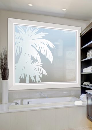 Window featuring Frosted Glass Design Etched Glass by Sans Soucie Art Glass with Custom Palm Trees Design Palm Crowns