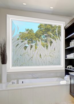 Not Private Window with Sandblast Etched Glass Art by Sans Soucie Featuring Reeds Tall Hummingbird Foliage Design