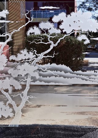 Window featuring Frosted Glass Design Etched Glass by Sans Soucie Art Glass with Custom Asian Design Bonsai VI