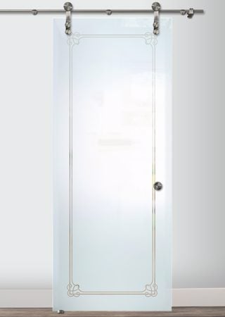 Glass Barn Door with a sandblast Frosted Glass Borders Design Custom-Designed Decorative Etched Glass