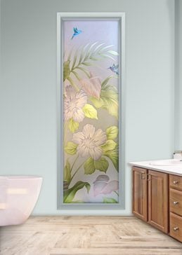 Handmade Sandblasted Frosted Glass Window for Semi-Private Featuring a Tropical Design Hibiscus Anthurium by Sans Soucie