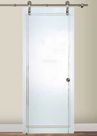 Glass Barn Door featuring a Frosted Glass Borders Design Sandblast Etched Glass Ultra Border Design by Sans Soucie