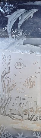 Door Glass Insert featuring Frosted Glass Design Etched Glass by Sans Soucie Art Glass with Custom Oceanic Design Aquarium Dolphins