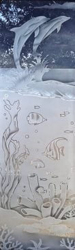 Handcrafted Etched Glass Entry Insert by Sans Soucie Art Glass with Custom Oceanic Design Called Aquarium Dolphins Creating Semi-Private