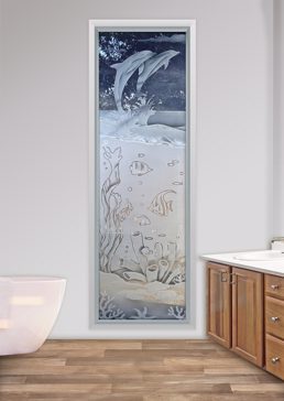 Handcrafted Etched Glass Window by Sans Soucie Art Glass with Custom Oceanic Design Called Aquarium Dolphins Creating Semi-Private