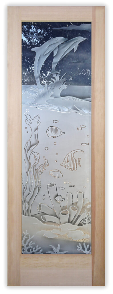 Etched frosted glass interior door featuring dolphins, ocean waves, and underwater sea life in a dimensional sandblasted design