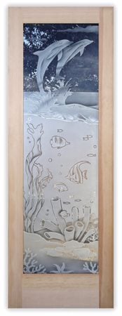 Interior Door featuring Frosted Glass Design Etched Glass by Sans Soucie Art Glass with Custom Oceanic Design Aquarium Dolphins