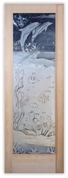 Handcrafted Etched Glass Front Door by Sans Soucie Art Glass with Custom Oceanic Design Called Aquarium Dolphins Creating Semi-Private
