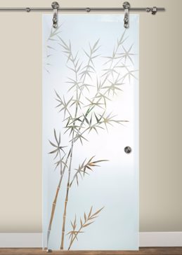 Sliding Glass Barn Door with a Frosted Glass Bamboo Forest Asian Design for Semi-Private by Sans Soucie Art Glass