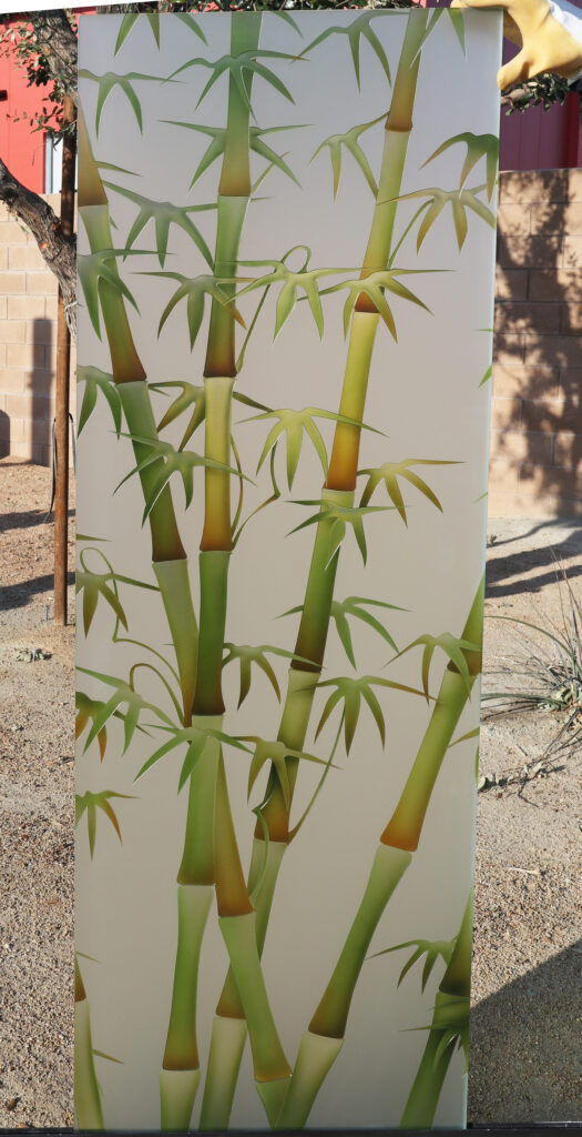 Hand-painted bamboo glass partition panel with green bamboo stalks and frosted decorative leaves