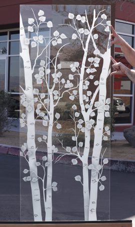 Shower Partition featuring a Frosted Glass Tree Design Sandblast Etched Glass Birch Design by Sans Soucie