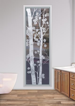 Window featuring a Frosted Glass Tree Design Sandblast Etched Glass Birch Design by Sans Soucie