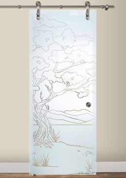 Art Glass Sliding Glass Barn Door Featuring Sandblast Frosted Glass by Sans Soucie for Semi-Private with Asian Bonsai II Design
