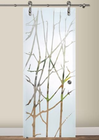 Glass Barn Door with a sandblast Frosted Glass Tree Design Custom-Designed Decorative Etched Glass
