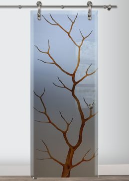 Sliding Glass Barn Door with a Frosted Glass Branch Out Trees Design for Private by Sans Soucie Art Glass