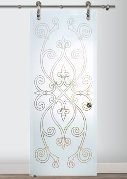 Art Glass Sliding Glass Barn Door Featuring Sandblast Frosted Glass by Sans Soucie for Semi-Private with Wrought Iron Corazones Design