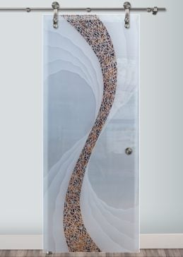 Art Glass Sliding Glass Barn Door Featuring Sandblast Frosted Glass by Sans Soucie for Private with Abstract Cyclone Design