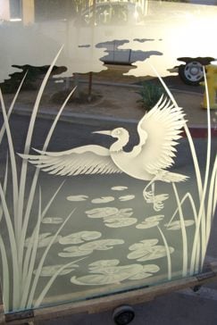 Semi-Private Window with Sandblast Etched Glass Art by Sans Soucie Featuring Dancing Egret Wildlife Design