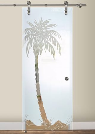 Glass Barn Door with a sandblast Frosted Glass Palm Trees Design Custom-Designed Decorative Etched Glass
