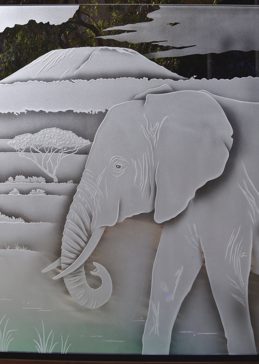 Handcrafted Etched Glass Window by Sans Soucie Art Glass with Custom Wildlife Design Called Elephant Outlook Creating Semi-Private