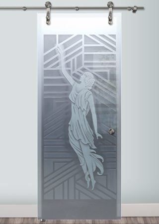 Glass Barn Door featuring Frosted Glass Design Etched Glass by Sans Soucie Art Glass with Custom Art Deco Design Everly 