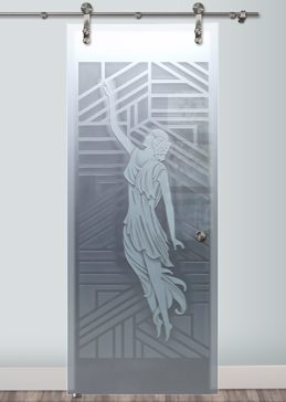 Handcrafted Etched Glass Sliding Glass Barn Door by Sans Soucie Art Glass with Custom Art Deco Design Called Everly  Creating Private